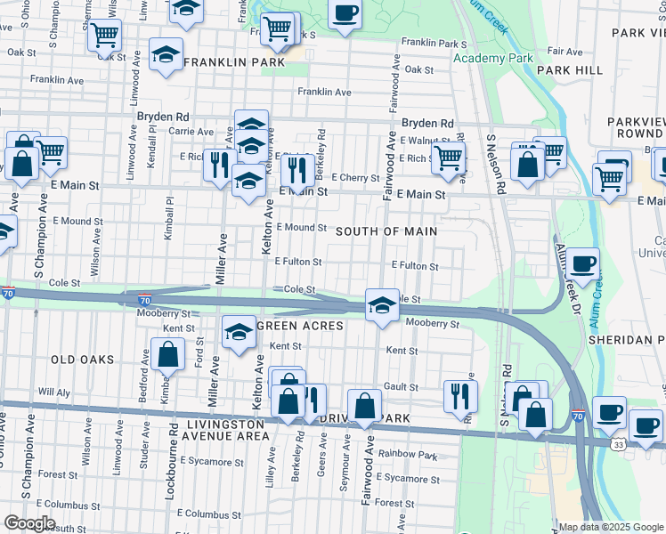 map of restaurants, bars, coffee shops, grocery stores, and more near 556 Berkeley Road in Columbus