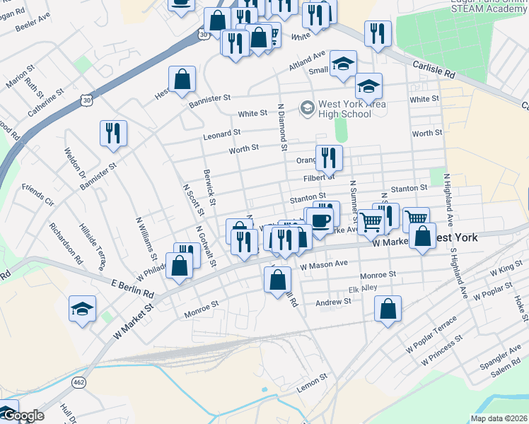 map of restaurants, bars, coffee shops, grocery stores, and more near 220 North Diamond Street in York