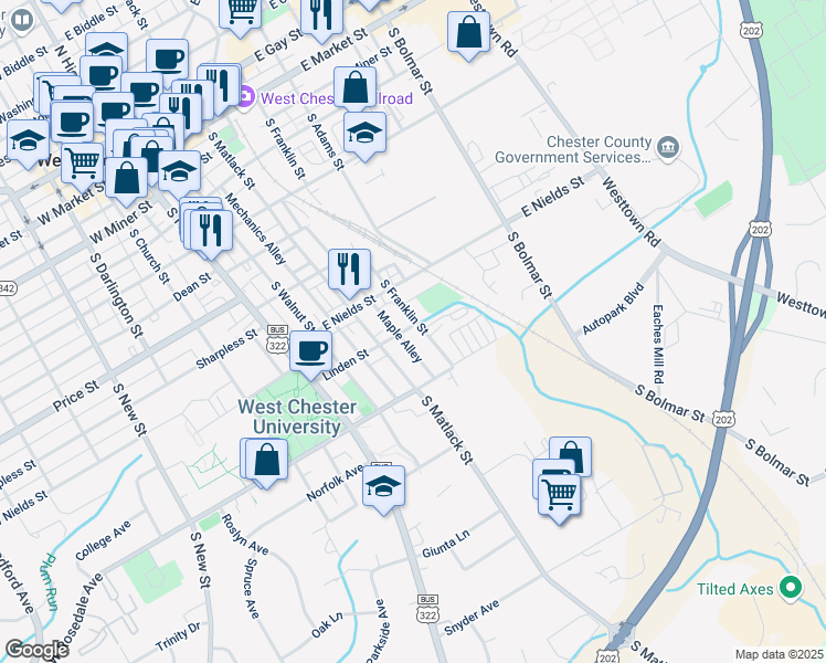 map of restaurants, bars, coffee shops, grocery stores, and more near 700 South Franklin Street in West Chester