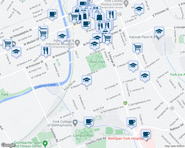 map of restaurants, bars, coffee shops, grocery stores, and more near 156 Lafayette Street in York