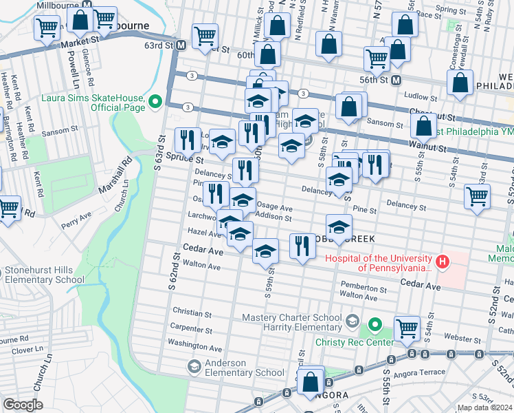 map of restaurants, bars, coffee shops, grocery stores, and more near 5956 Osage Avenue in Philadelphia