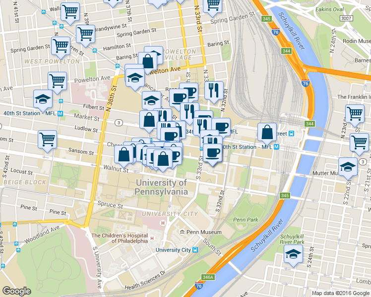map of restaurants, bars, coffee shops, grocery stores, and more near 3300 Market Street in Philadelphia