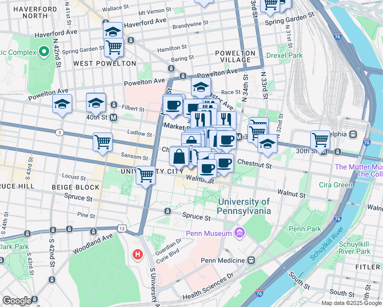 map of restaurants, bars, coffee shops, grocery stores, and more near 3624 Market Street in Philadelphia