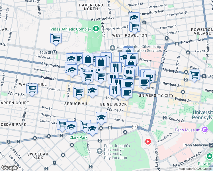 map of restaurants, bars, coffee shops, grocery stores, and more near 4100 Chestnut Street in Philadelphia