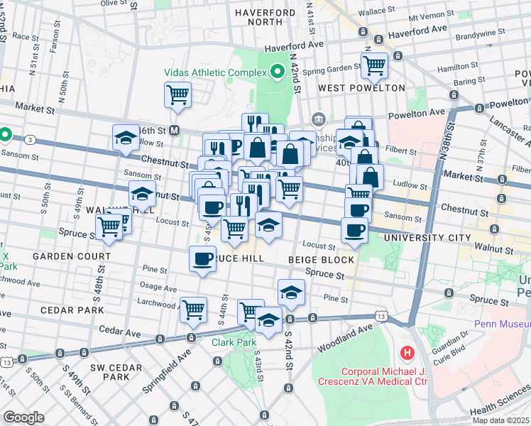 map of restaurants, bars, coffee shops, grocery stores, and more near 121 South 43rd Street in Philadelphia