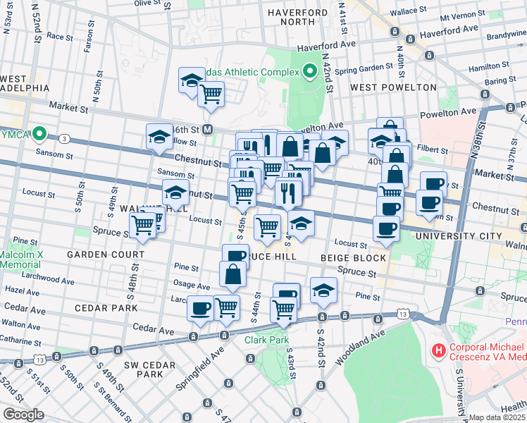 map of restaurants, bars, coffee shops, grocery stores, and more near 140 South 44th Street in Philadelphia