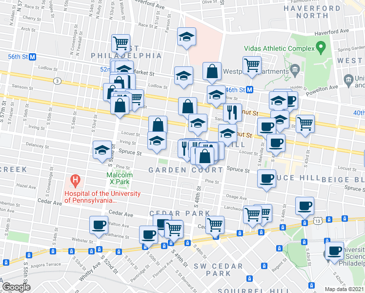 map of restaurants, bars, coffee shops, grocery stores, and more near 4918 Chancellor Street in Philadelphia