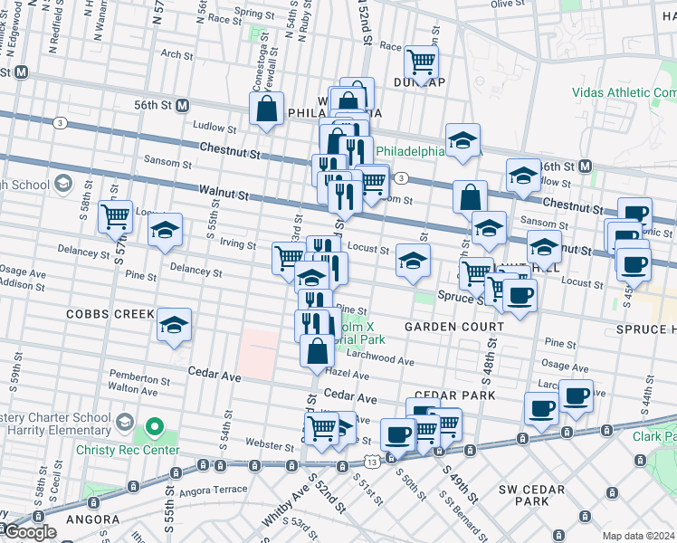 map of restaurants, bars, coffee shops, grocery stores, and more near 5132 Locust Street in Philadelphia
