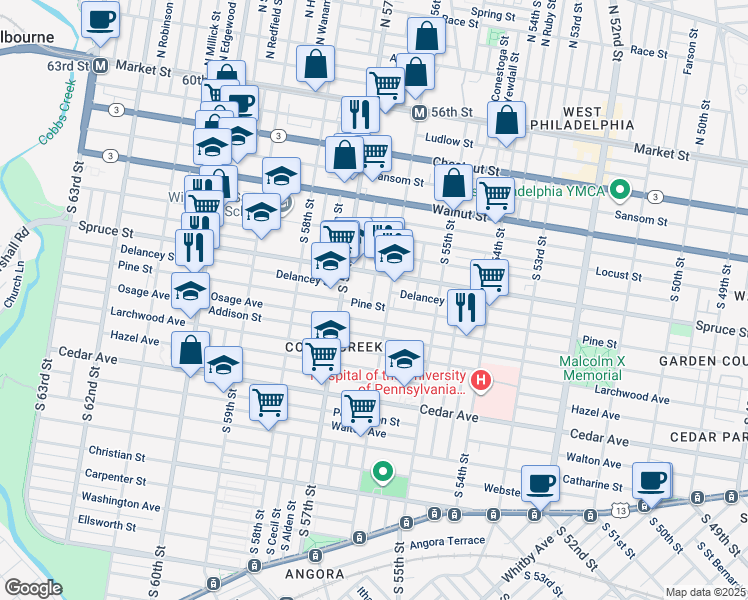 map of restaurants, bars, coffee shops, grocery stores, and more near 5634 Spruce Street in Philadelphia