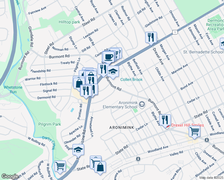 map of restaurants, bars, coffee shops, grocery stores, and more near 5005 Dermond Road in Upper Darby