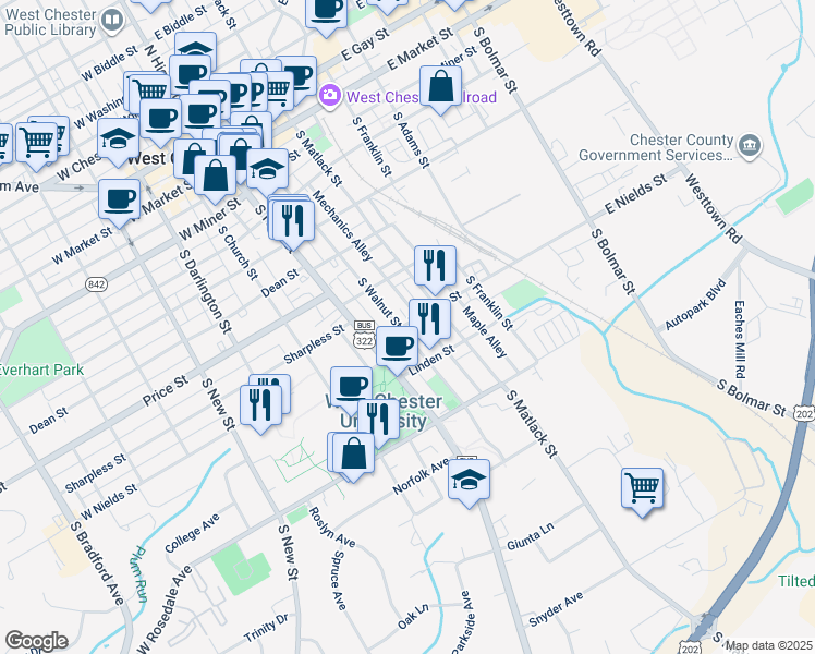 map of restaurants, bars, coffee shops, grocery stores, and more near 508 Keystone Alley in West Chester