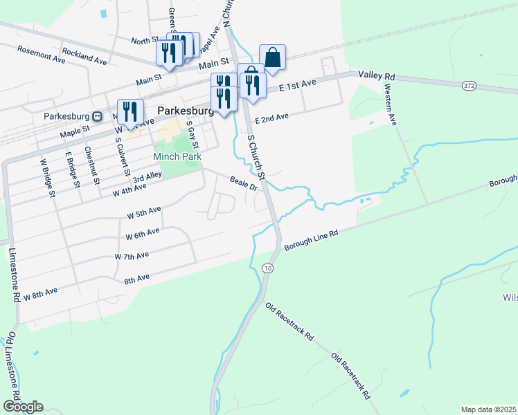 map of restaurants, bars, coffee shops, grocery stores, and more near 10 Beale Drive in Parkesburg
