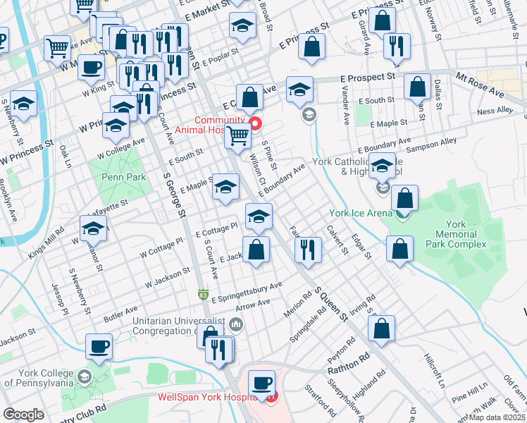 map of restaurants, bars, coffee shops, grocery stores, and more near 601 South Queen Street in York