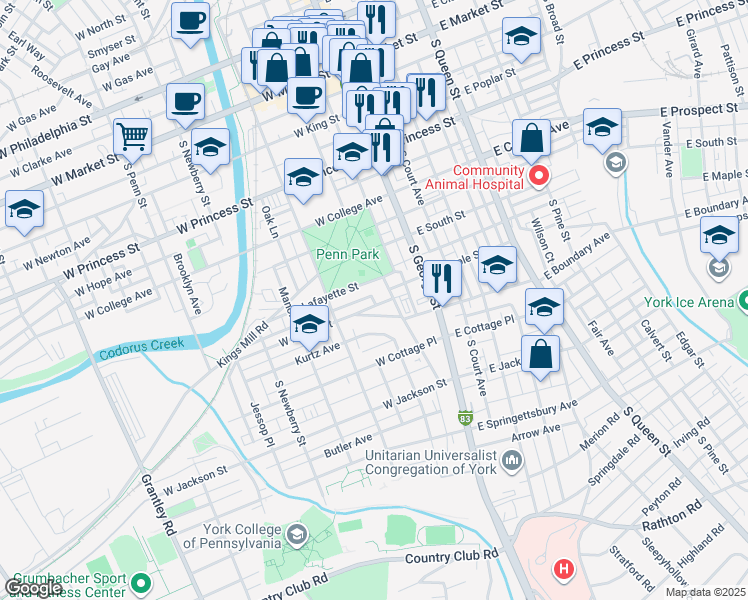 map of restaurants, bars, coffee shops, grocery stores, and more near 104 Lafayette Street in York