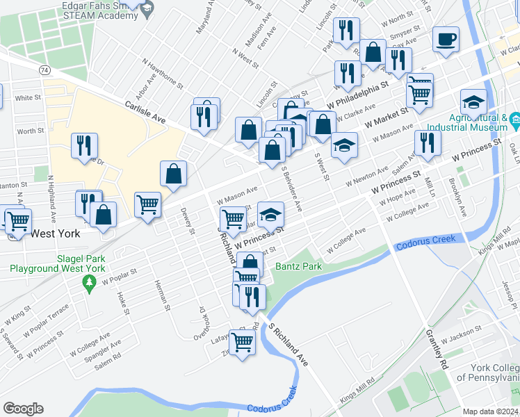 map of restaurants, bars, coffee shops, grocery stores, and more near 47 South Royal Street in York