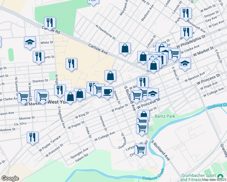 map of restaurants, bars, coffee shops, grocery stores, and more near 1059 West Market Street in York
