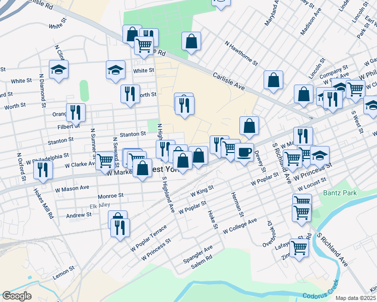 map of restaurants, bars, coffee shops, grocery stores, and more near 15 North Pearl Street in West York