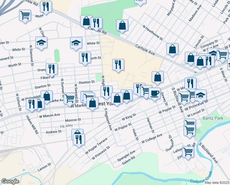 map of restaurants, bars, coffee shops, grocery stores, and more near 1321 West Philadelphia Street in West York