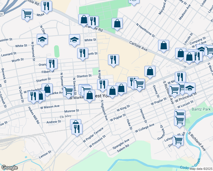 map of restaurants, bars, coffee shops, grocery stores, and more near 1321 West Philadelphia Street in West York