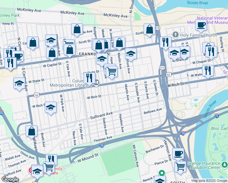 map of restaurants, bars, coffee shops, grocery stores, and more near 935 West Town Street in Columbus
