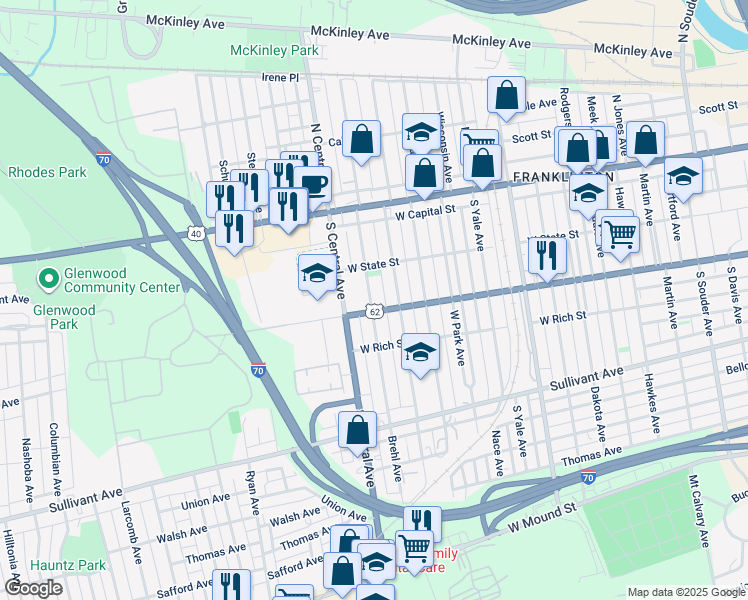 map of restaurants, bars, coffee shops, grocery stores, and more near 119 Dana Avenue in Columbus