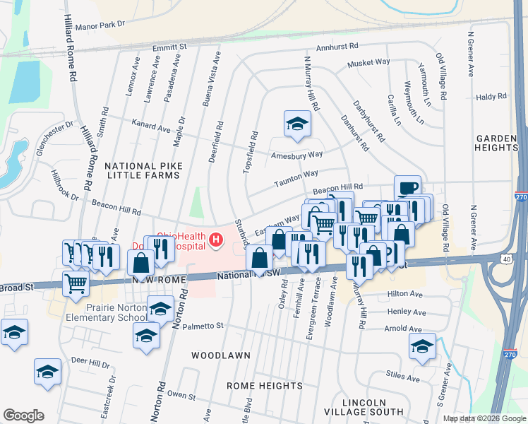 map of restaurants, bars, coffee shops, grocery stores, and more near 4991 Taunton Way in Columbus