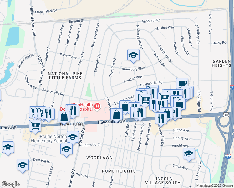 map of restaurants, bars, coffee shops, grocery stores, and more near 4991 Taunton Way in Columbus