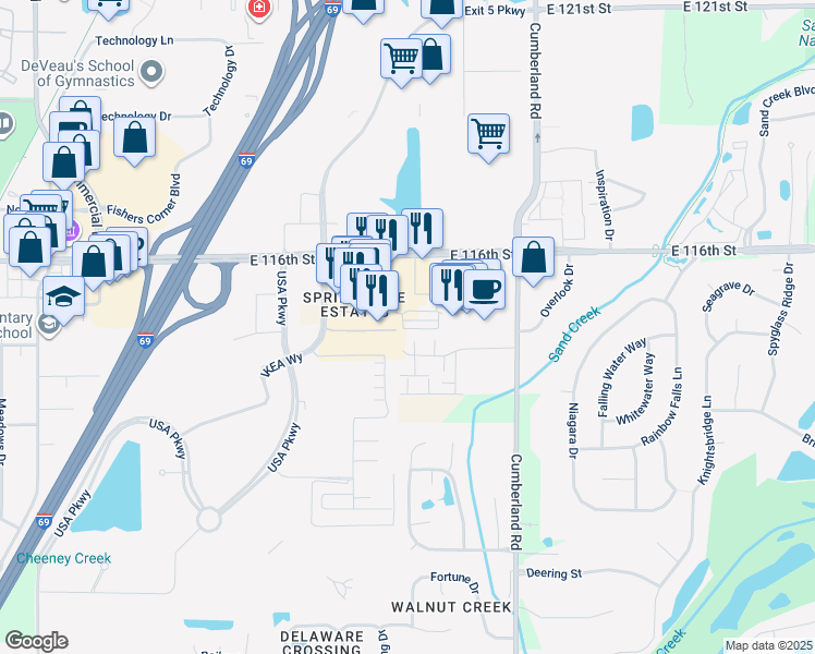 map of restaurants, bars, coffee shops, grocery stores, and more near 9710 Lynn Drive in Fishers