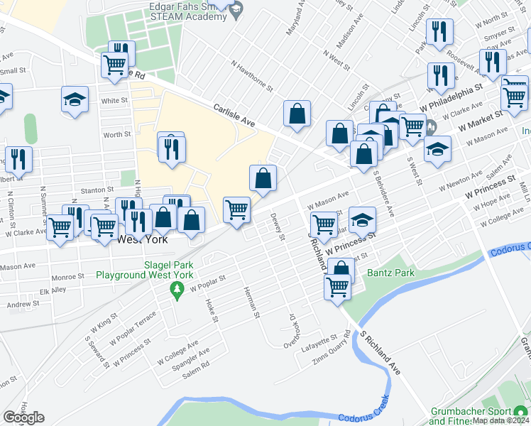map of restaurants, bars, coffee shops, grocery stores, and more near 1110 West Market Street in West York