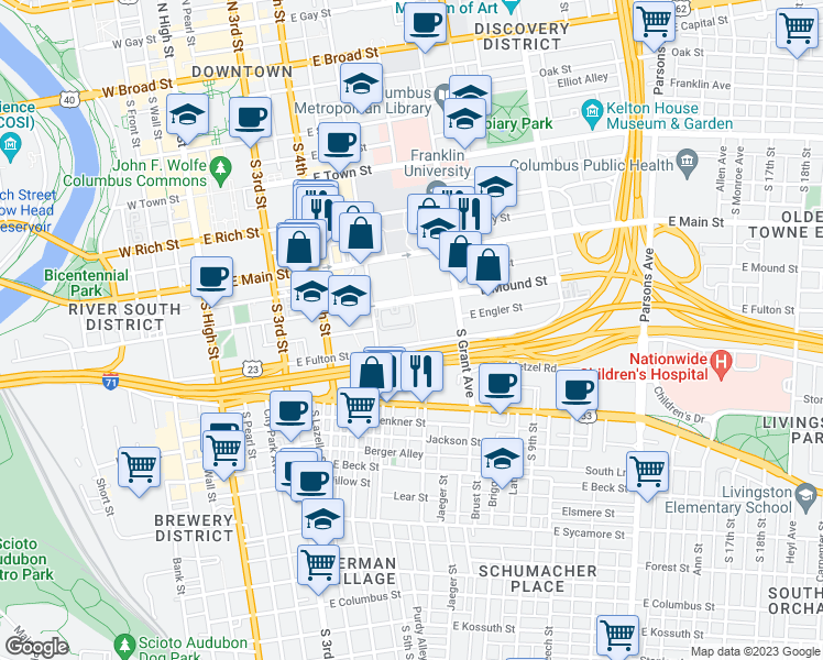 map of restaurants, bars, coffee shops, grocery stores, and more near 377 South Grant Avenue in Columbus