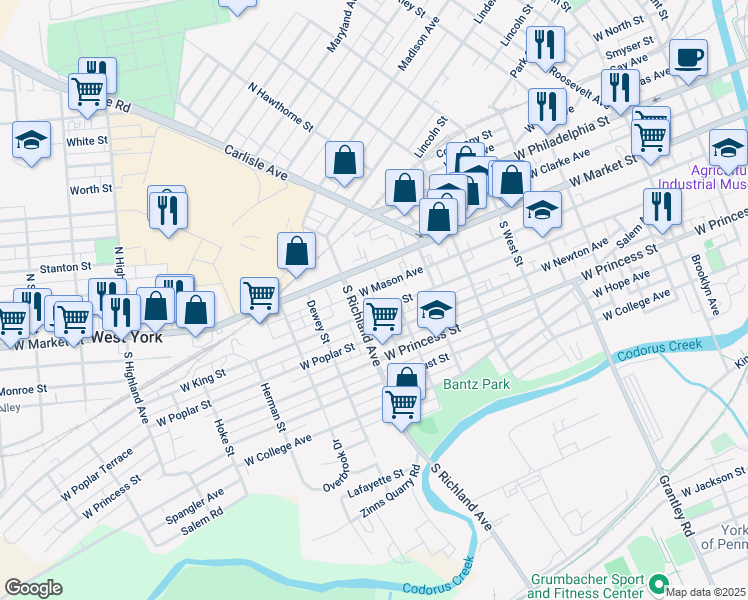 map of restaurants, bars, coffee shops, grocery stores, and more near 933 West King Street in York