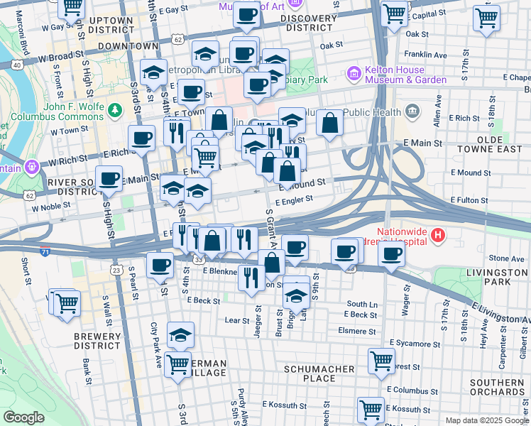 map of restaurants, bars, coffee shops, grocery stores, and more near 340 East Fulton Street in Columbus