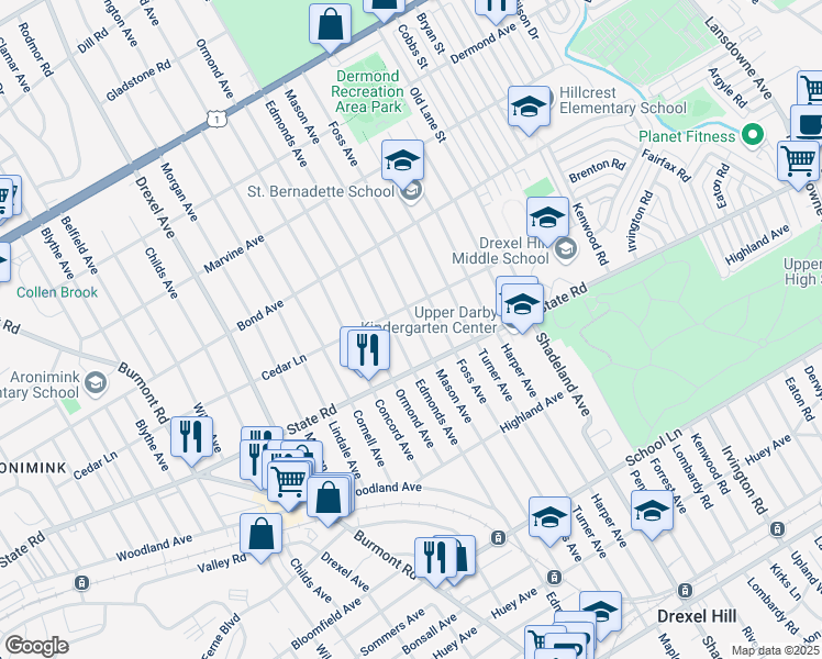 map of restaurants, bars, coffee shops, grocery stores, and more near 832 Mason Avenue in Upper Darby