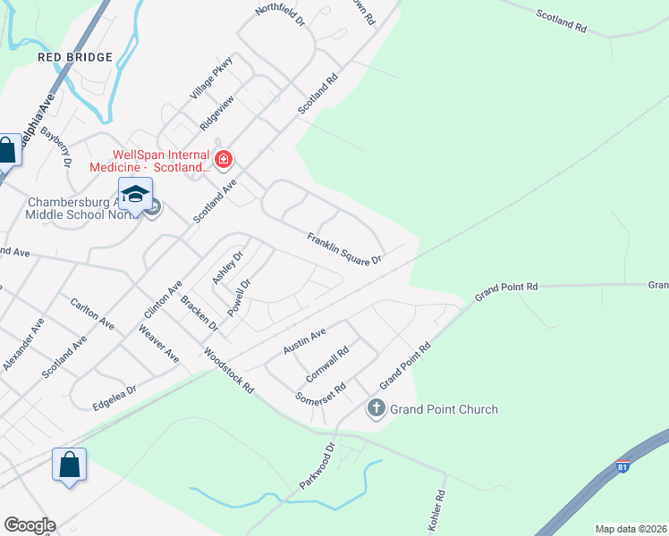 map of restaurants, bars, coffee shops, grocery stores, and more near 523 Franklin Square Drive in Chambersburg