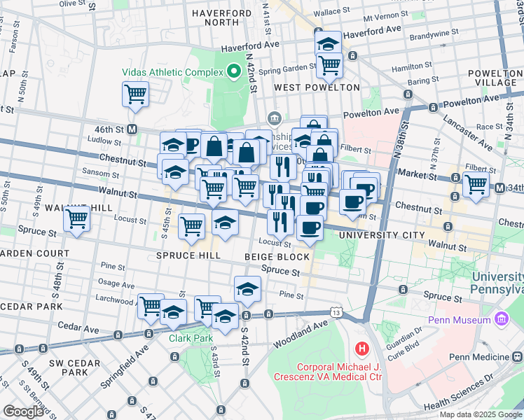 map of restaurants, bars, coffee shops, grocery stores, and more near 4115 Walnut Street in Philadelphia