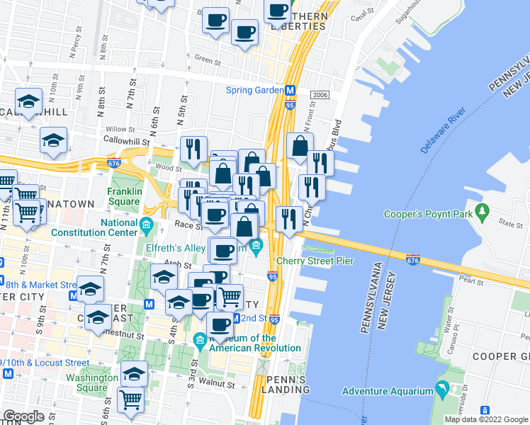 map of restaurants, bars, coffee shops, grocery stores, and more near 154 Vine Street in Philadelphia