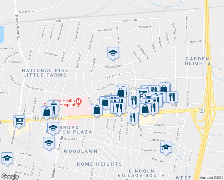map of restaurants, bars, coffee shops, grocery stores, and more near 4930 Eastham Way in Columbus