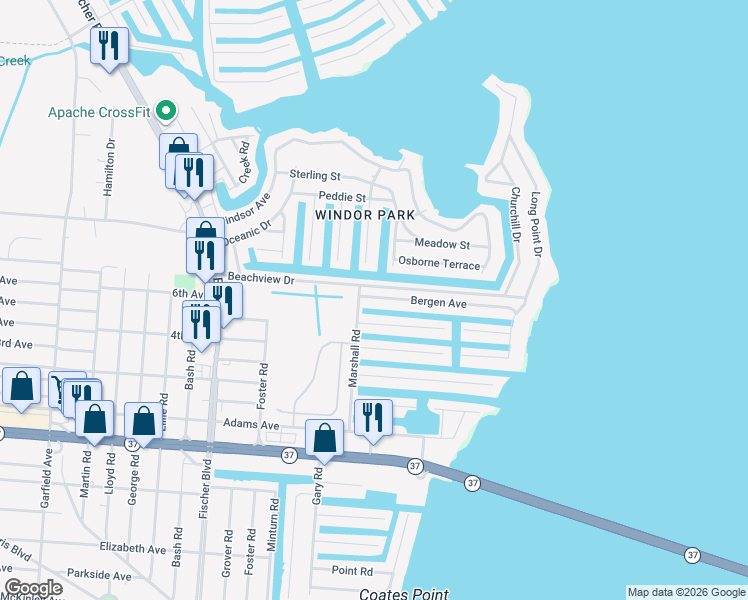 map of restaurants, bars, coffee shops, grocery stores, and more near 624 Baron Street in Toms River