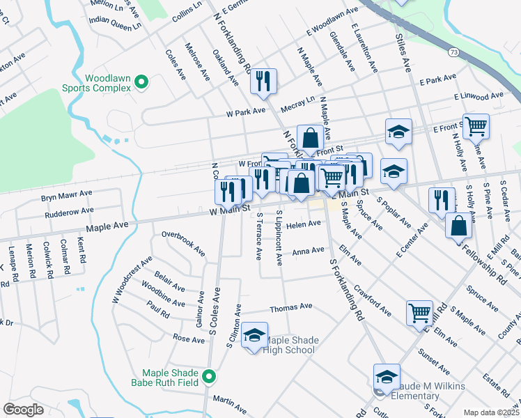 map of restaurants, bars, coffee shops, grocery stores, and more near 200 West Main Street in Maple Shade