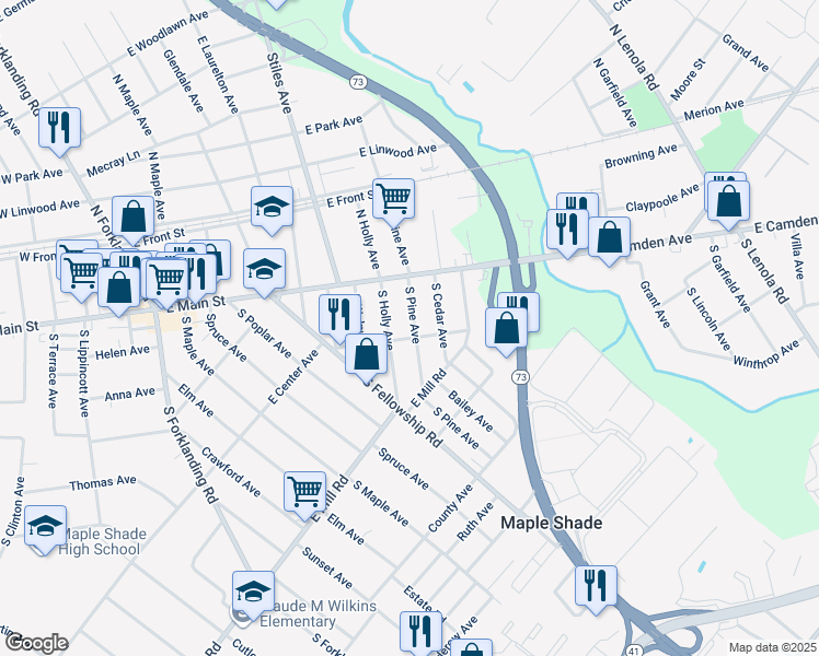 map of restaurants, bars, coffee shops, grocery stores, and more near 44 South Pine Avenue in Maple Shade
