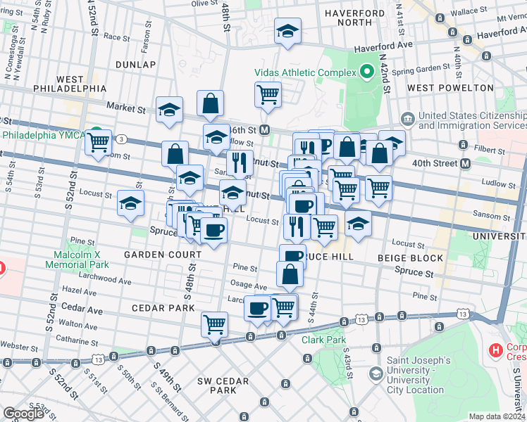 map of restaurants, bars, coffee shops, grocery stores, and more near 222 South 46th Street in Philadelphia