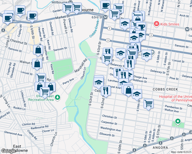 map of restaurants, bars, coffee shops, grocery stores, and more near 449 South 63rd Street in Philadelphia