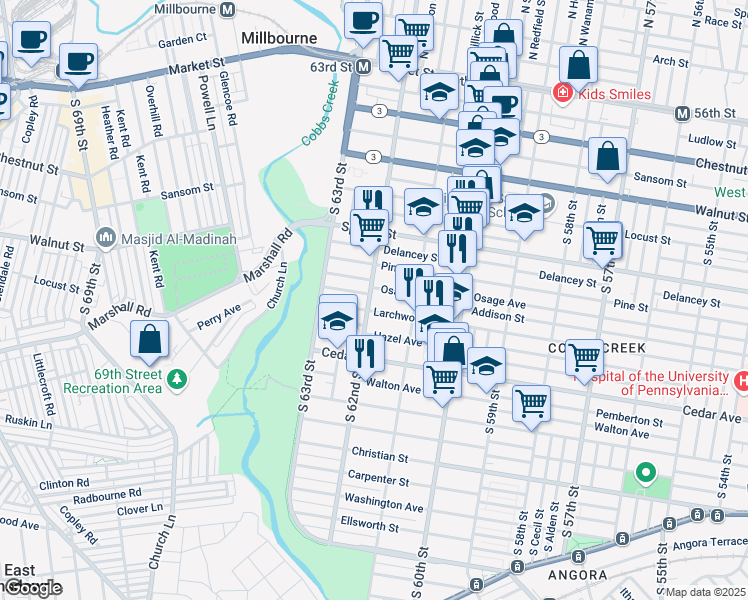 map of restaurants, bars, coffee shops, grocery stores, and more near 443 South 62nd Street in Philadelphia