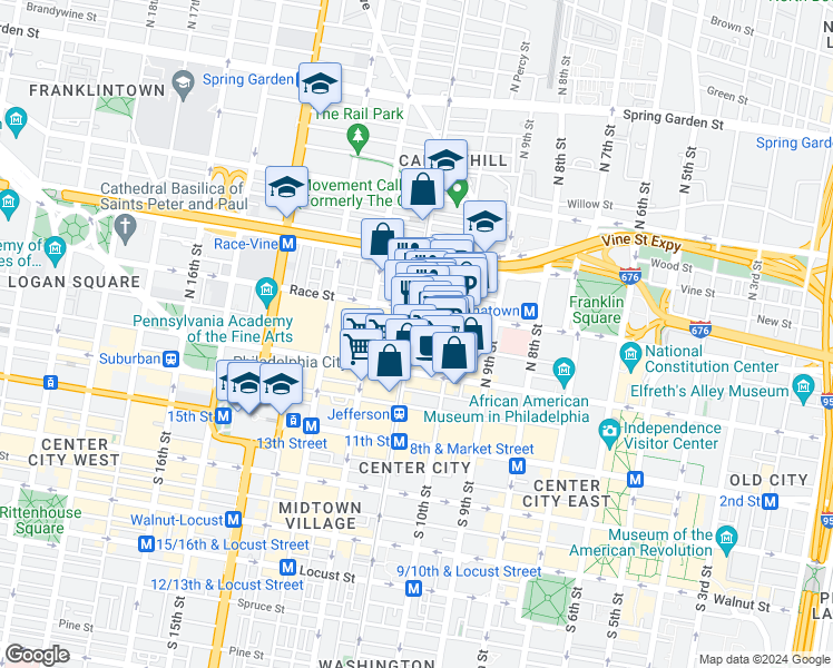 map of restaurants, bars, coffee shops, grocery stores, and more near 129 North 11th Street in Philadelphia