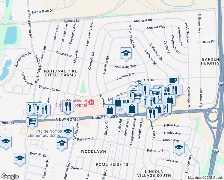 map of restaurants, bars, coffee shops, grocery stores, and more near 4995 Beacon Hill Road in Columbus