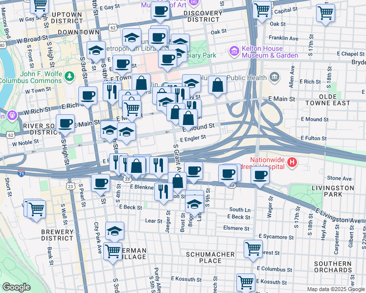 map of restaurants, bars, coffee shops, grocery stores, and more near 398 South Grant Avenue in Columbus