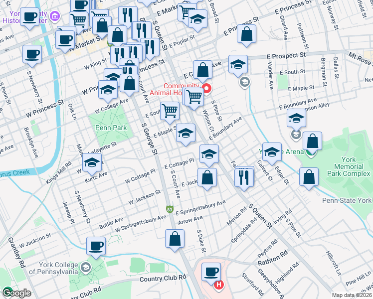 map of restaurants, bars, coffee shops, grocery stores, and more near 605 South Duke Street in York