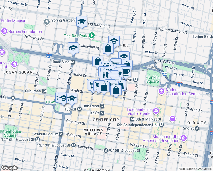 map of restaurants, bars, coffee shops, grocery stores, and more near 129 North 11th Street in Philadelphia