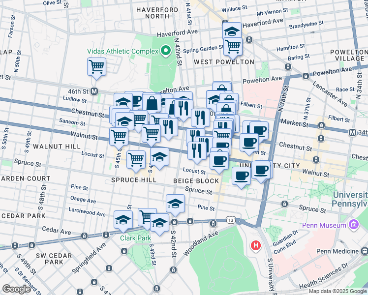 map of restaurants, bars, coffee shops, grocery stores, and more near 4119 Walnut Street in Philadelphia