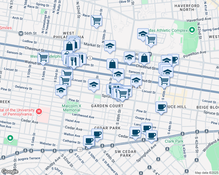 map of restaurants, bars, coffee shops, grocery stores, and more near 4918 Chancellor Street in Philadelphia